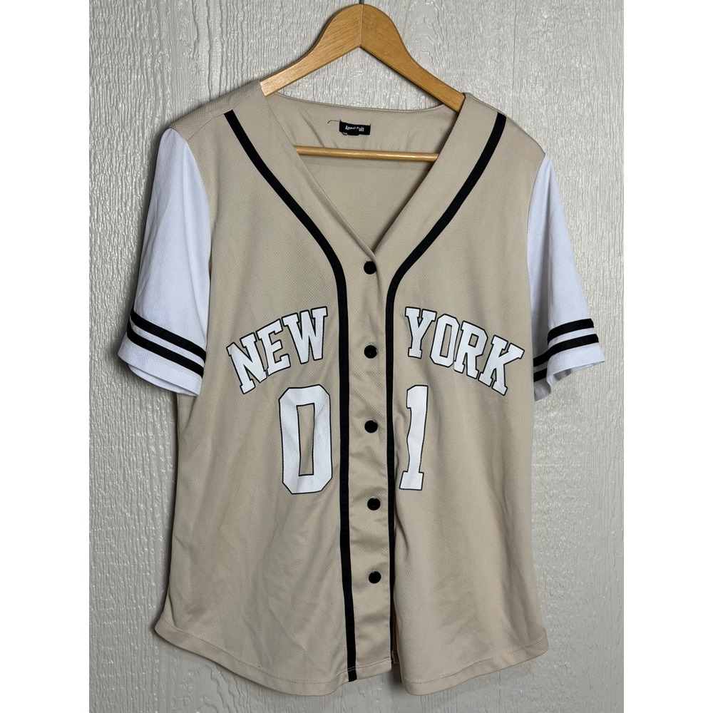Angel Cult New York 01 Baseball Jersey Tan White Mesh Button Front Shirt Large
